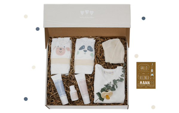 Die Baby Junge "Erste Wochen Geschenkbox" ist ein ideales Geschenk zur Geburt.