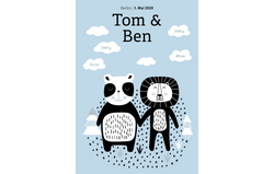 Baby Zwillinge "Personalisiertes Geburtsposter - Bärchen & Löwe,  2 Jungen" in A3, A4, A5