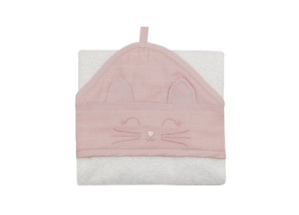 Das Kapuzen Babyhandtuch Katze in rosa und creme mit Stickerei von lachen lieben leben ist ein tolles Geschenk zur Geburt für alle Eltern und Kinder.