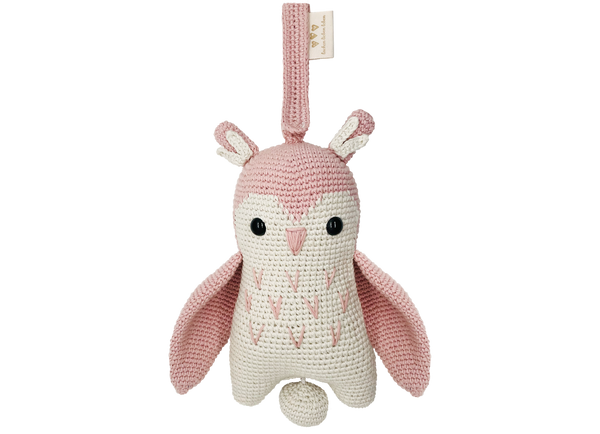 Die Gehäkelte Spieluhr Eule in rosa von lachen lieben leben ist ein schönes Geschenk zur Geburt.